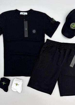 Мужской летний костюм футболка + шорты + кепка + носки в подарок stone island черный с патчем стон айленд m