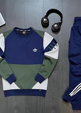 Мужской спортивный костюм adidas свитшот + штаны синий с хаки адидас без капюшона весенний осенний xl (b)