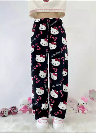 Пижамные плюшевые штаны hello kitty, черные, теплые (10455) 3xl