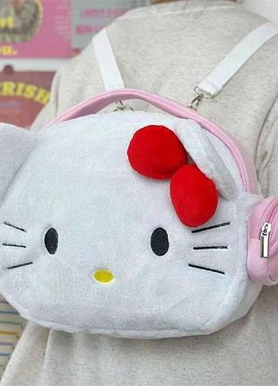 Женская плюшевая сумка-рюкзак с ушками hello kitty, бело-розовая (10529)