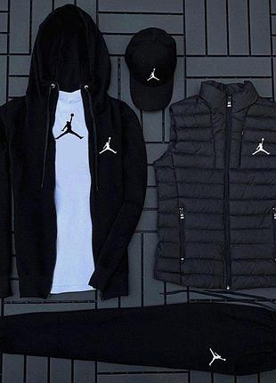 Чоловічий спортивний костюм jordan 5в1 чорний комплект джордан худі+штани+футболка+кепка+жилетка весняний (b)