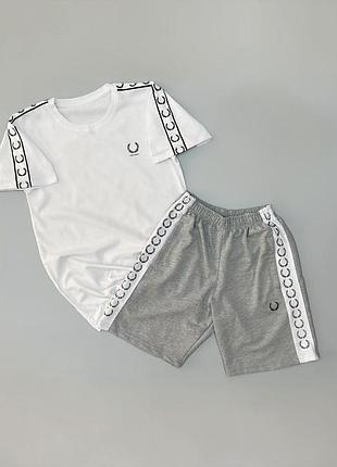 Мужской летний костюм fred perry футболка шорты белый с серым комплект фред перри с лампасами l (b)
