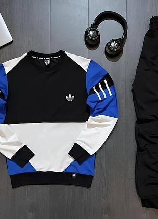 Мужской спортивный костюм adidas свитшот + штаны черный с синим адидас без капюшона весенний осенний m (b)