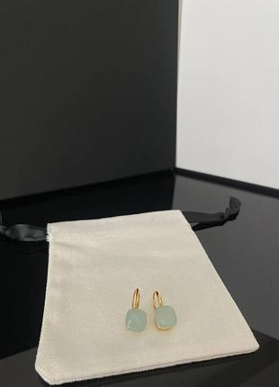 Серьги помеллато италия крючок, позолота с камнем цвета зеленого чая