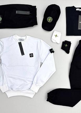 Чоловічий спортивний костюм stone island костюм + футболка + шорти + кепка білий із чорним стон айленд xxl (bon)