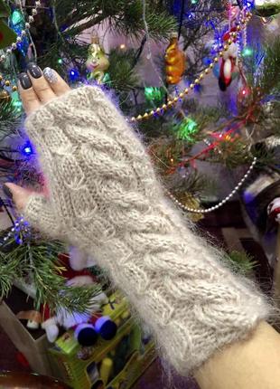 Рукавиці в'язані рукавиці мохер, вовна білі, бежеві, сірі рукавички рукавиці пухнасті6 фото