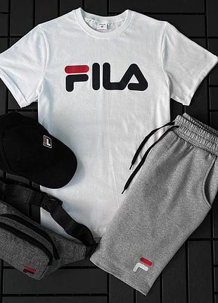 Мужской летний костюм fila футболка + шорты + кепка + барсетка белый с серым комплект фила xl (bon)
