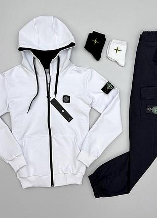 Чоловічий спортивний костюм stone island толстовка + штани чорно-білий на блискавці стон айленд s (bon)