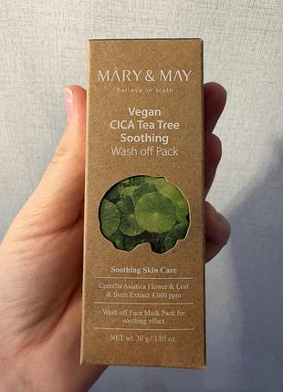 Заспокійлива глиняна маска mary&may cica teatree soothing wash off pack 30 г створена для очищення пор, боротьби із запаленнями та заспокоєння шкіри