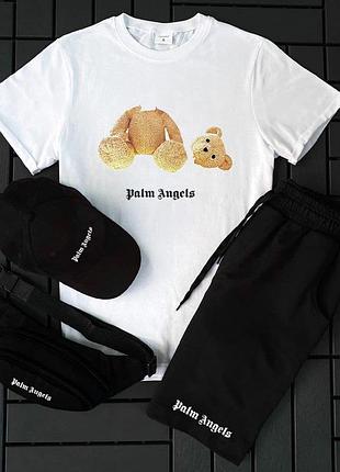 Мужской летний костюм palm angels с медведем футболка + шорты + кепка + барсетка черно-белый палм ангелс m