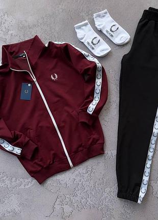 Мужской костюм fred perry кофта + штаны + носки бордовый с лампасами комплект фред перри весенний m (b)