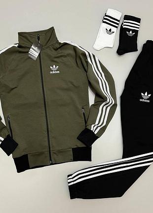 Мужской спортивный костюм adidas кофта на змейке + штаны + носки хаки с черным адидас весенний осенний s (b)