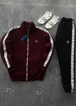 Мужской зимний костюм fred perry кофта штаны носки бордовый с лампасами комплект фред перри на флисе (b)