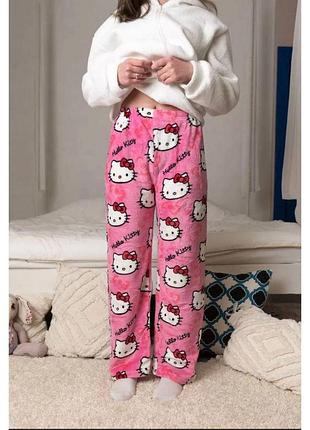 Піжамні плюшеві штани hello kitty, рожеві, теплі (10459)
