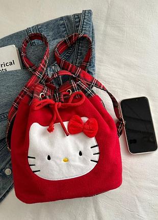 Мини-рюкзак hello kitty плюшевый, красный с тартановыми лямками, утяжка-шнурок, красный (10660)