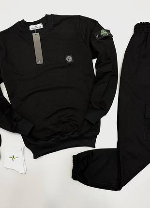 Мужской спортивный костюм stone island черный без капюшона | комплект стон айленд свитшот + штаны + носки l