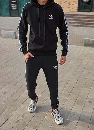Мужской зимний спортивный костюм adidas черный с капюшоном комплект адидас на флисе худи + штаны xl (bon)