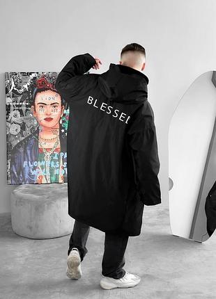 Чоловіча вітрівка подовжена blessed чорна оверсайз весняна осіння з капюшоном куртка-дощовик (b)