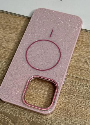Чехол на iphone 14 pro max розовый с блестками с магнитом магсейф