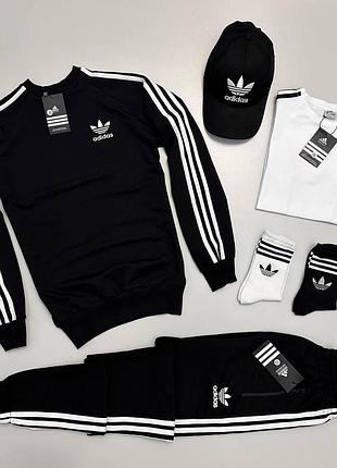 Мужской спортивный костюм adidas 5в1 свитшот + штаны + футболка + кепка без капюшона черно-белый xxl (bon)