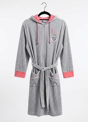 Новий велюровий халат на блискавці з капюшоном bugs bunny / looney tunes (розмір s/m, 42-46)