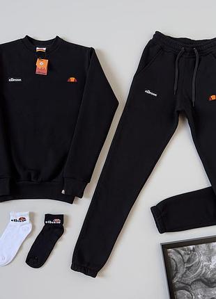 Чоловічий зимовий спортивний костюм ellesse чорний без капюшона на флісі аліса світшот + штани + шкарпетки xl (bon)