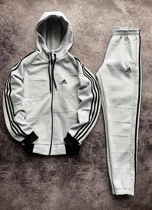 Мужской зимний спортивный костюм adidas серый с капюшоном на молнии комплект адидас на флисе xxl (b)