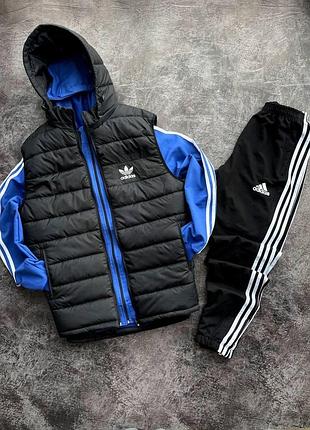 Мужской спортивный костюм adidas кофта на змейке с капюшоном + штаны + жилетка синий адидас весенний m (bon)