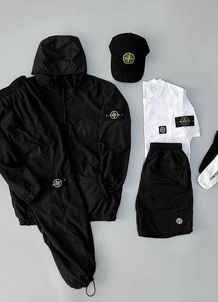 Мужской спортивный костюм stone island 7в1 комплект стон айленд ветровка штаны футболка шорты кепка черный m