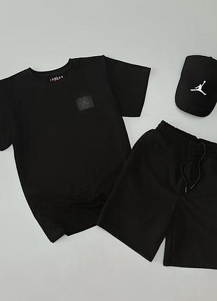 Мужской летний костюм air jordan футболка + шорты + кепка хлопковый черный комплект джордан на лето (b)
