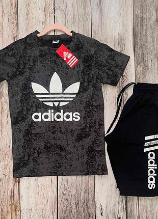 Чоловічий літній костюм adidas футболка + шорти сірий адідас на літо (b)