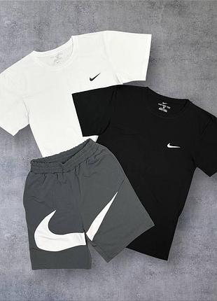 Чоловічий літній костюм nike футболка шорти кепка білий з сірим комплект найк (b)