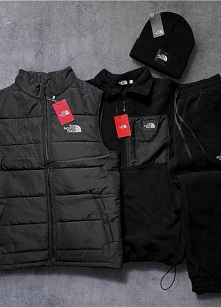 Мужской зимний спортивный костюм the north face 3в1 жилет анорак штаны шапка флисовый черный комплект зе норт фейс плюшевый (b)