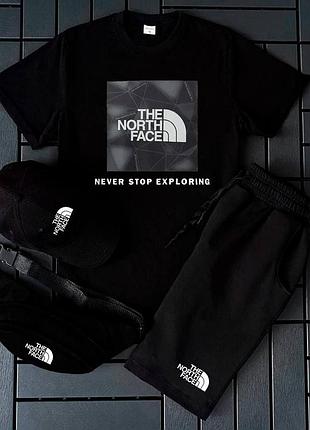Чоловічий літній костюм the north face футболка + шорти + кепка + барсетка чорний набір найк на літо xl (b)