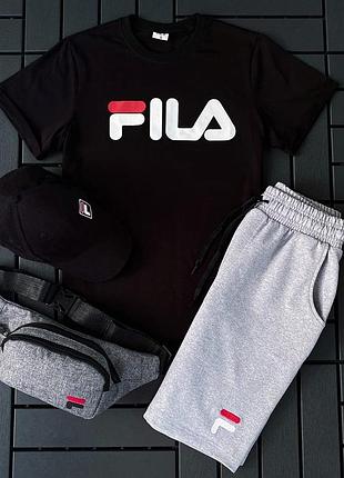 Чоловічий літній костюм fila футболка + шорти + кепка + барсетка чорний із сірим комплектом філа xl (bon)