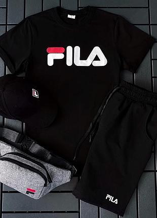 Чоловічий літній костюм fila футболка + шорти + кепка + барсетка чорний комплект філа l (bon)