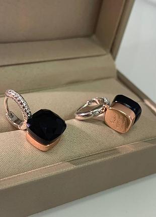 Серьги помеллато серебро 925. позолота, черный квадратный камень, россыпь циркония