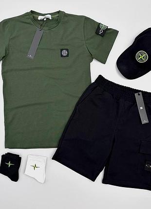 Мужской летний костюм футболка + шорты + кепка + носки в подарок stone island хаки с патчем стон айленд m