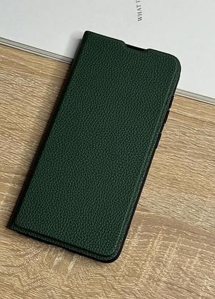 Шкіряний чохол книжка на samsung galaxy s21 fe темно-зеленого кольору leather design