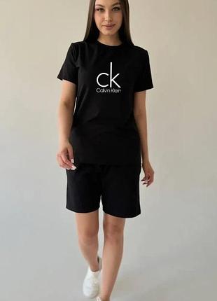 Женский летний костюм calvin klein футболка + шорты черный комплект кельвин кляйн на лето l (b)