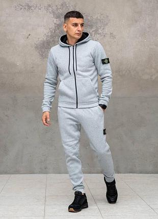 Чоловічий зимовий спортивний костюм stone island сірий на блискавці з капюшоном стон айленд (b)