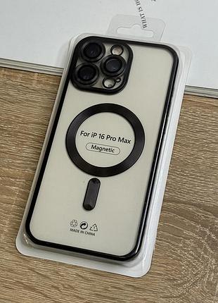 Силиконовый чехол на iphone 16 pro max с magsafe, прозрачный с чёрными бортиками и защитой камеры линзами