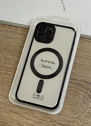 Силиконовый чехол на iphone 12 pro с magsafe, прозрачный с чёрными бортиками и защитой камеры линзами