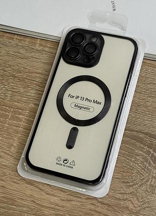 Силиконовый чехол на iphone 13 pro max с magsafe, прозрачный с чёрными бортиками и защитой камеры линзами
