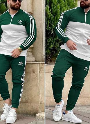 Мужской спортивный костюм adidas кофта на змейке + штаны зеленый с белым адидас без капюшона весенний осенний
