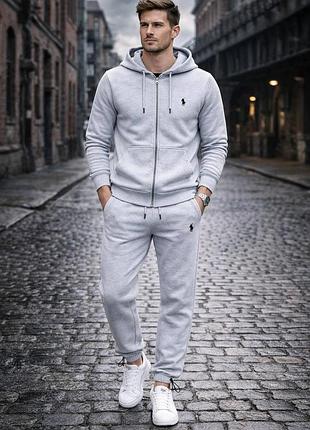 Мужской костюм polo ralph lauren серый с капюшоном комплект поло кофта + штаны на молнии (b)