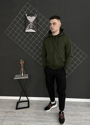 Чоловічий стильний спортивний костюм n!ke на блискавці двонитка чорний/хакі xl