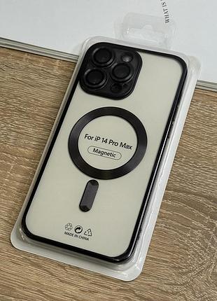 Силиконовый чехол на iphone 14 pro max с magsafe, прозрачный с чёрными бортиками и защитой камеры линзами