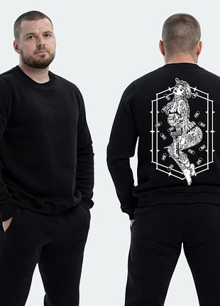 Чоловічий світшот на флісі з принтом sunset goons дівчина навколо летять кулі, чорний