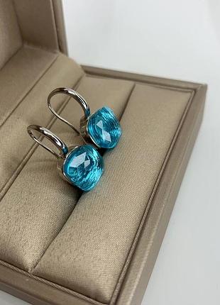 Серьги помеллато посеребрённые с квадратным камнем синего цвета